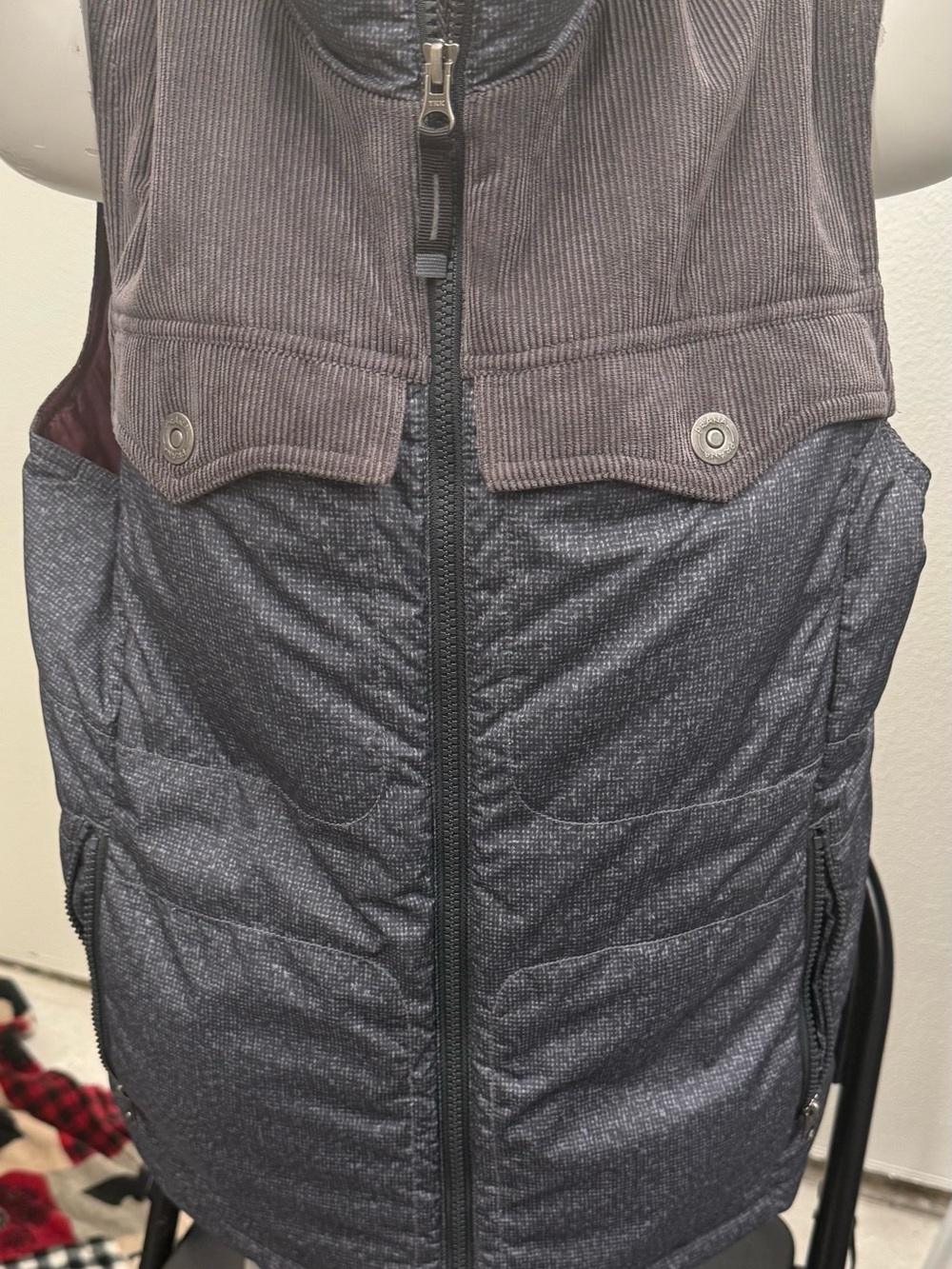 Prana Men's Gray Quilted Vest with Brown Corduroy Yoke